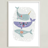 "Folk Whales" - Art Print in Mint by Hannah Williams - Framed