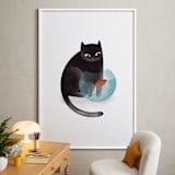 "Black Cat and goldfish" - Art Print in Black by Farinaz Vaseghi - In a Room