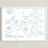 "Portland, Oregon Calligraphy Map" - Art Print in Blue Green by Megan Kelso - Framed
