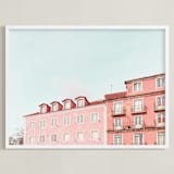 "Lisbon Colorful Buildings" - Art Print in Pastel Pink by Heather Loriece - Framed
