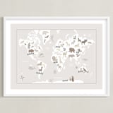 "Animal World Map" - Art Print in Beige by Jessie Steury - Framed
