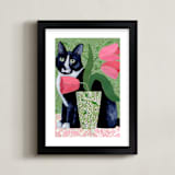 "Tuxedo Cat Barry with Pink Tulips" - Art Print in Dusty Green by Susan Black - Framed