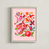 "Tropical Birds and Flowers" - Art Print in Soft Pink by Stick and Petal - Framed