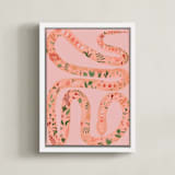 "Folk Floral Snake" - Art Print in Coral by Juliana Moreira-Callahan - Framed Canvas