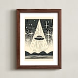 "UFO Encounters: Nostalgic Retro Woodcut" - Art Print in Galactic Gray by Roseanne Kenny - Framed