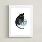"Black Cat and goldfish" - Art Print in Black by Farinaz Vaseghi - Framed