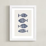 "Linocut Fishes" - Art Print in Navy Blue by Alisa Galitsyna - Framed