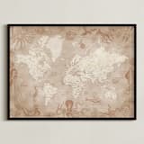 "Vintage world map with sea monsters" - Art Print in Sepia by Rosana Laiz Blursbyai - Framed