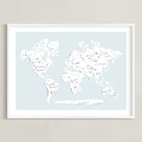 "Beautiful World Map" - Art Print in Soft Sky by Jessie Steury - Framed