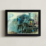 "Engine 89 Back at Work" - Art Print in Green Blue Values by A MAZ Design - Framed