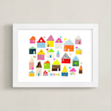"Home + Hearts" - Art Print in Pink Rainbow by Shelley Kommers - Framed