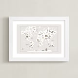 "Animal World Map" - Art Print in Beige by Jessie Steury - Framed