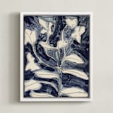 "Petals on Indigo" - Art Print in Indigo Blue by Deborah Velasquez - Framed Canvas