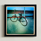"Rusty Bike Pier" - Art Print in blue by Margaret Hine - Framed
