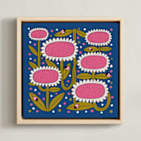 "Pink Floral frenzy with ladybugs" - Art Print in Midnight Blue by Lee-Anne Schmidt - Framed Canvas