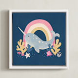 "Narwhal Magic" - Art Print in Deep Sea Blue by Sabrina Excene - Framed Canvas