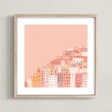 "Positano Houses" - Art Print in Peachy Pink by Laura Mitchell - Framed
