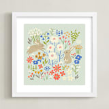 "Bunnies in the Garden" - Art Print in Seafoam Blue by Anne Lehman Stolpe - Framed