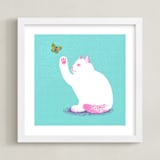 "Kitten and Butterfly" - Art Print in Aqua by Kristiina Almy - Framed