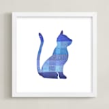 "Blue Party Kitty" - Art Print in Silhouette Blue by Jeff Preuss - Framed