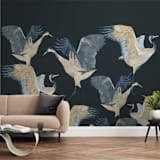 "Crane dance" - Wall Mural in Moody Blue by Nina Leth - In a Room