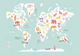 "Animal World Map" - Wall Mural in Aqua by Jessie Steury - Full Size