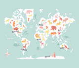 "Animal World Map" - Wall Mural in Aqua by Jessie Steury - Full Size