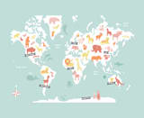 "Animal World Map" - Wall Mural in Aqua by Jessie Steury - Full Size
