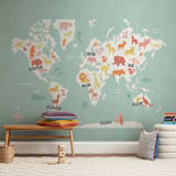 "Animal World Map" - Wall Mural in Aqua by Jessie Steury - In a Room