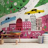 "City State of Mind" - Wall Mural in Pink by Jordan Sondler - In a Room