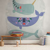 "Folk Whales" - Wall Mural in Grey by Hannah Williams - In a Room