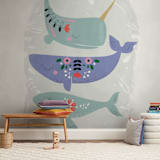 "Folk Whales" - Wall Mural in Grey by Hannah Williams - In a Room