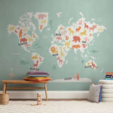 "Animal World Map" - Wall Mural in Aqua by Jessie Steury - In a Room