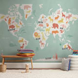 "Animal World Map" - Wall Mural in Aqua by Jessie Steury - In a Room