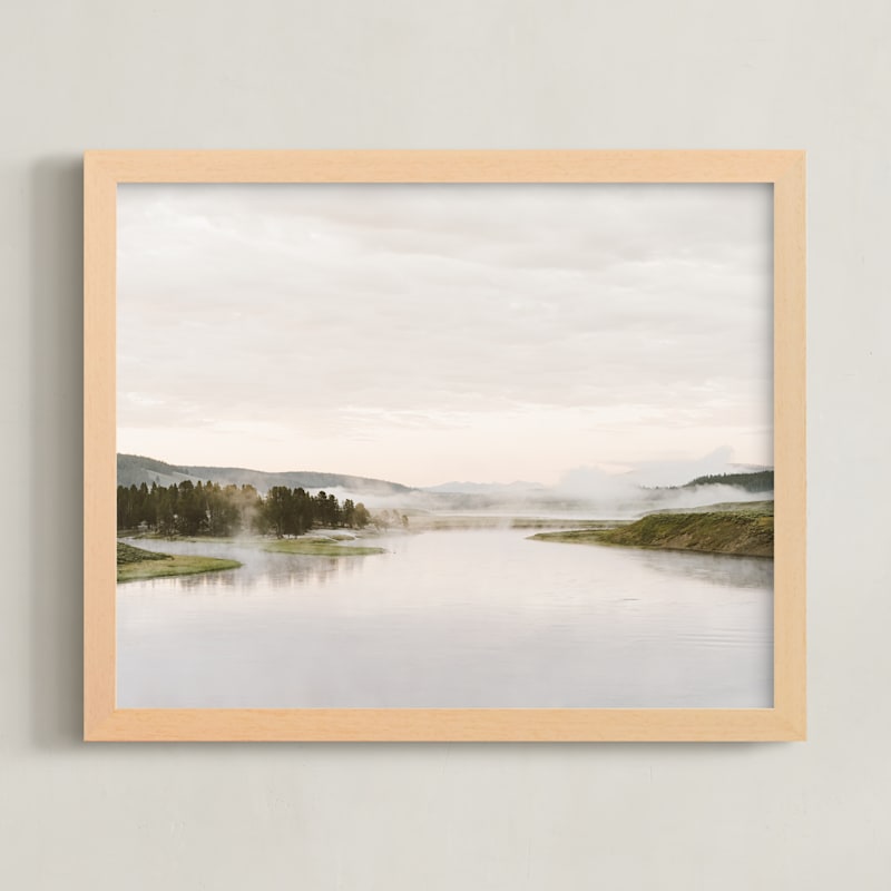 "Misty lake" - Art Print in autumn green by Kamala Nahas - Framed