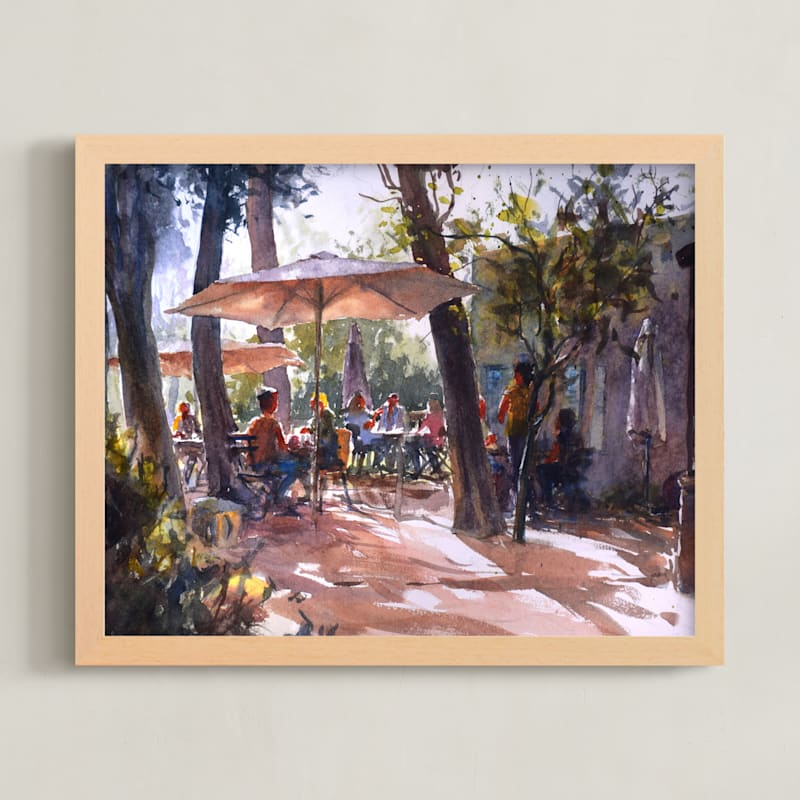 "Diners at Hansen's outdoor cafe" - Art Print in sienna by Rafael Yaniger - Framed
