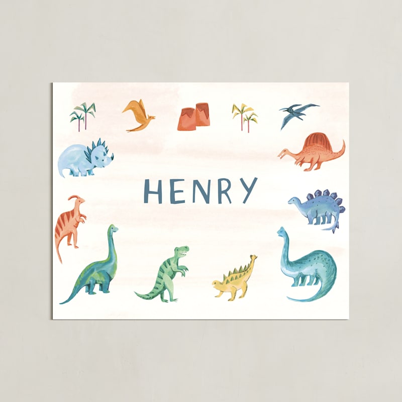 "Dino Friends" - Personalized Art Print in Amber by Teju Reval - Unframed