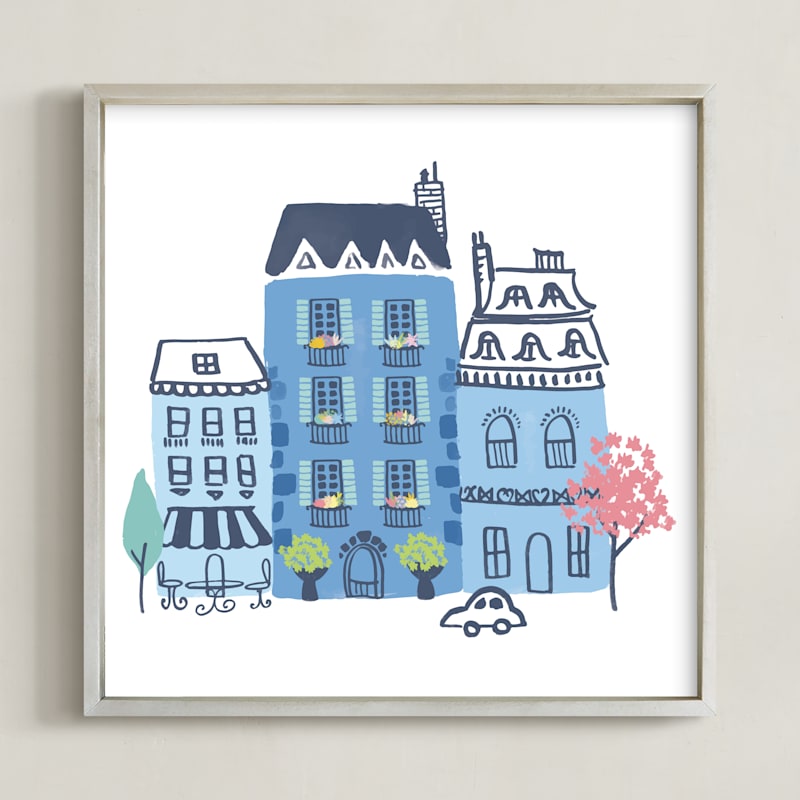 "Paris, J'adore" - Art Print in Parisian Blue by Ali Macdonald - Framed