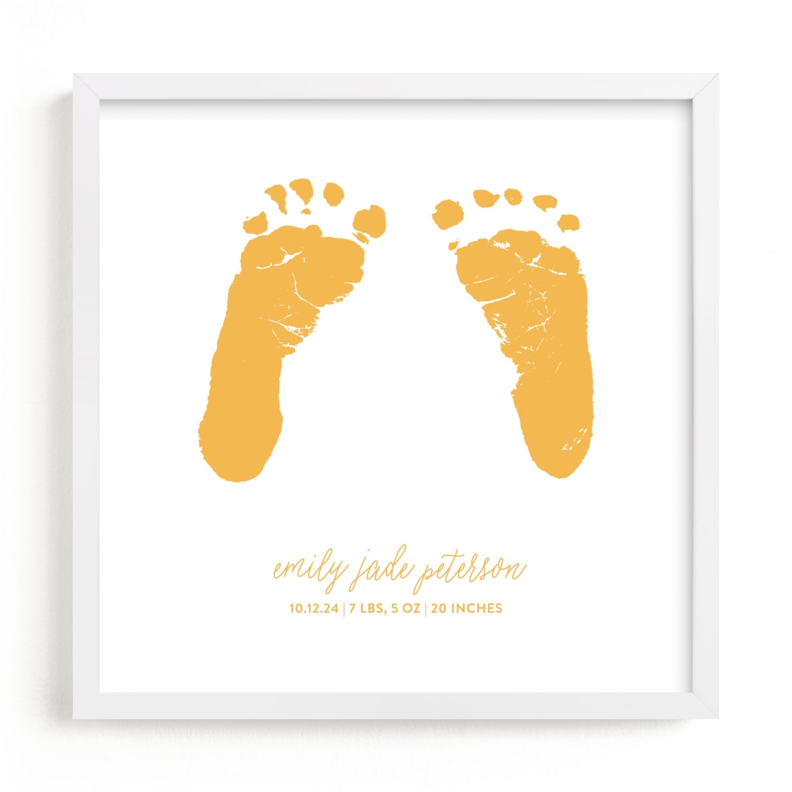 This is a yellow photos to art by Minted called Custom Footprints Letterpress Art.
