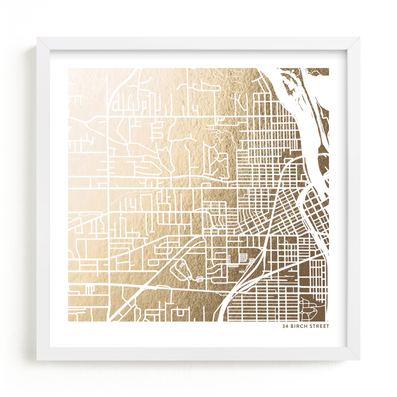 This is a gold custom map printing by Minted called Custom Map Filled Foil Art.