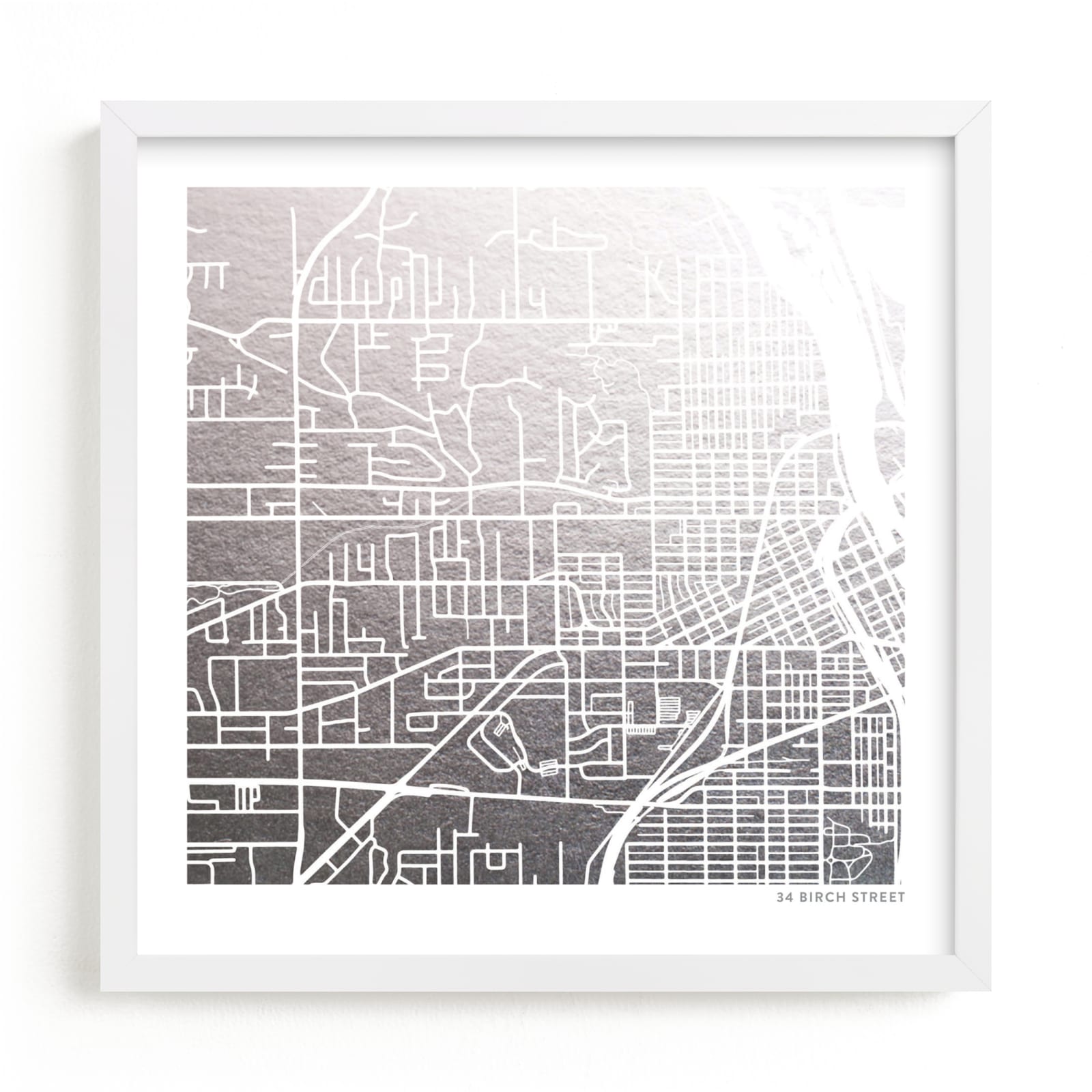 This is a silver custom map printing by Minted called Custom Map Filled Foil Art.