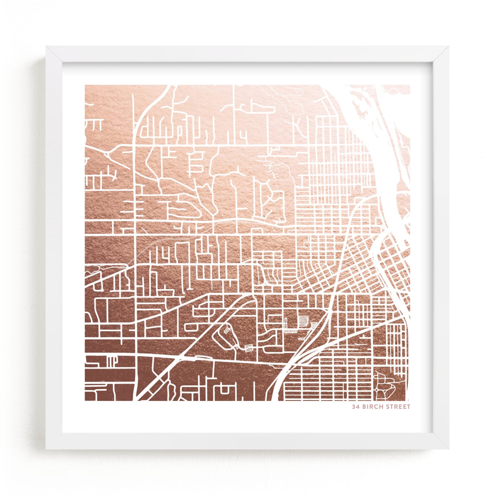 This is a rosegold custom map printing by Minted called Custom Map Filled Foil Art.