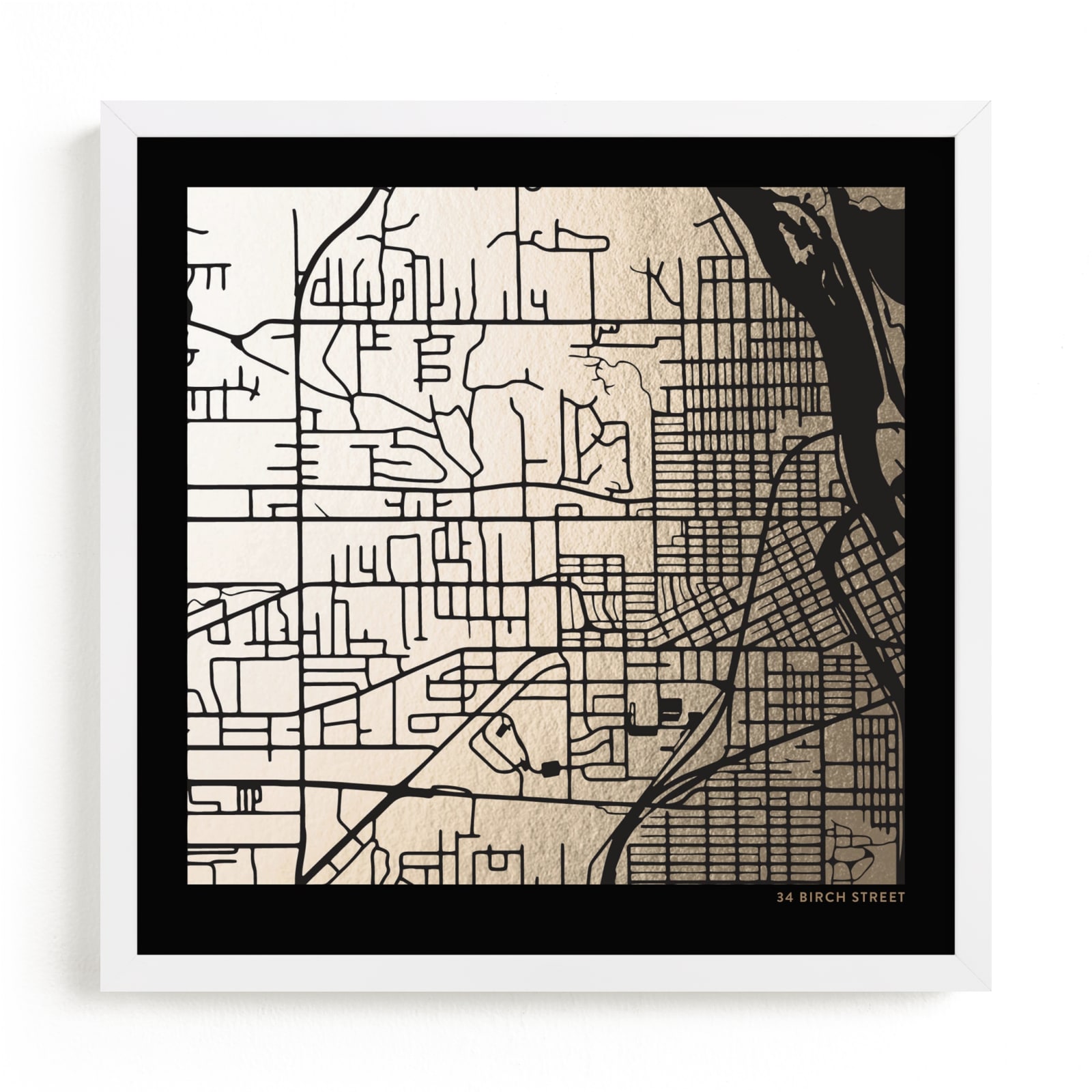 This is a black custom map printing by Minted called Custom Map Filled Foil Art on Dark Paper.