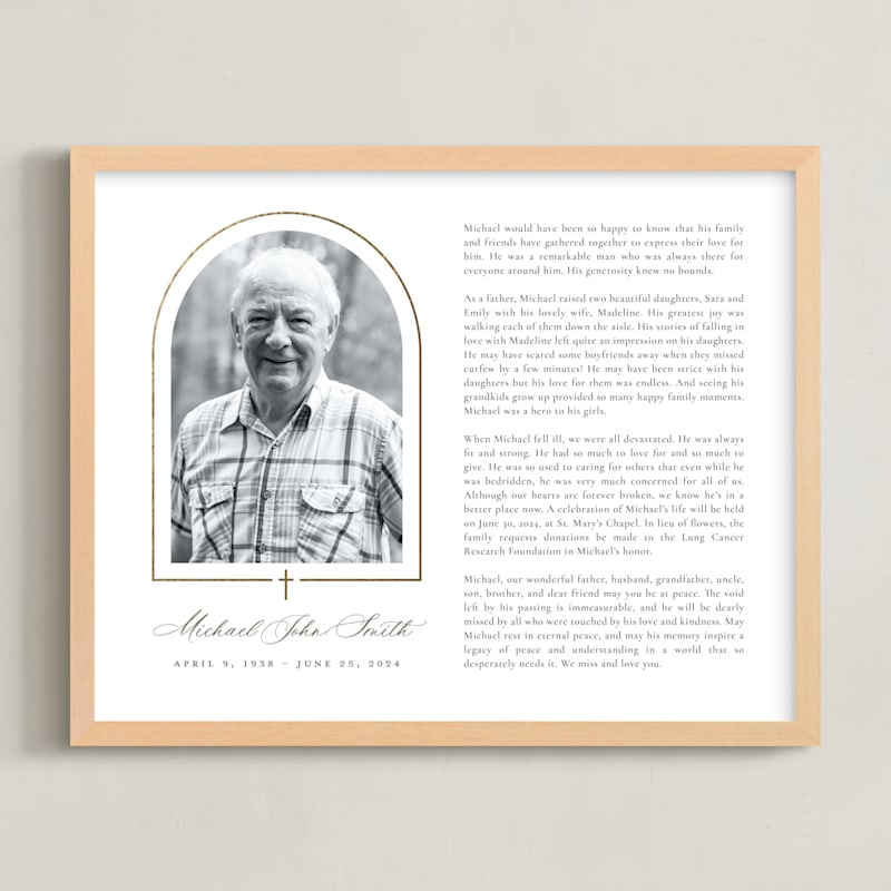 "Crossed Arch Obituary Print" - Foil-pressed Memorial Obituary Prints by Sarah Brown in beautiful frame options and a variety of sizes.