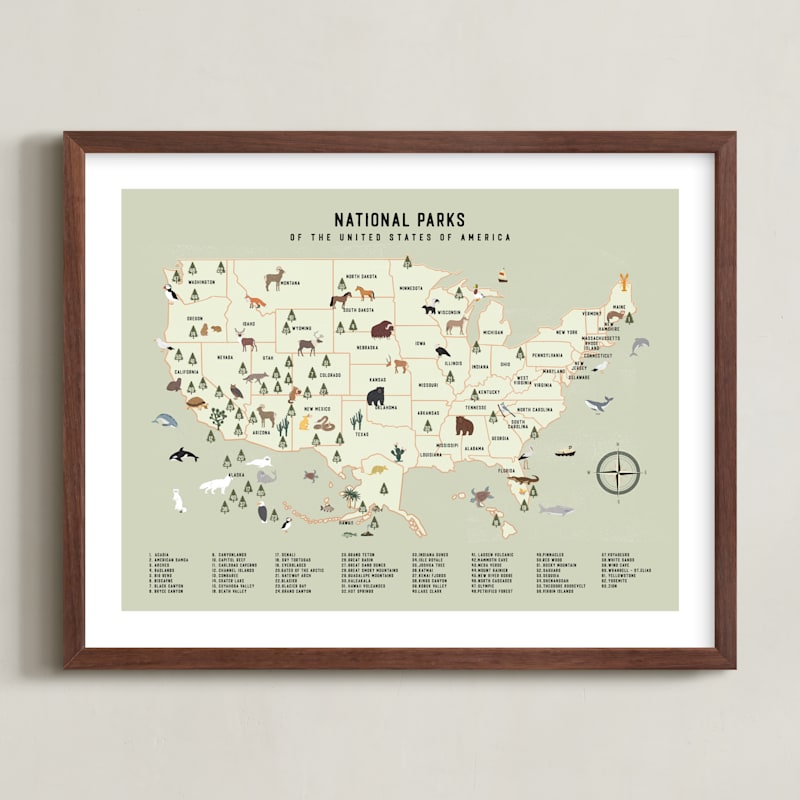 "National Parks of USA" - Art Print in Adventure Green by Sherley Ferreira - Framed