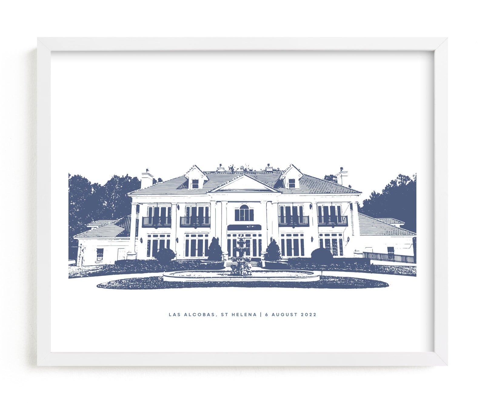 This is a blue home wall art by Minted called Letterpress Venue Portrait with text.