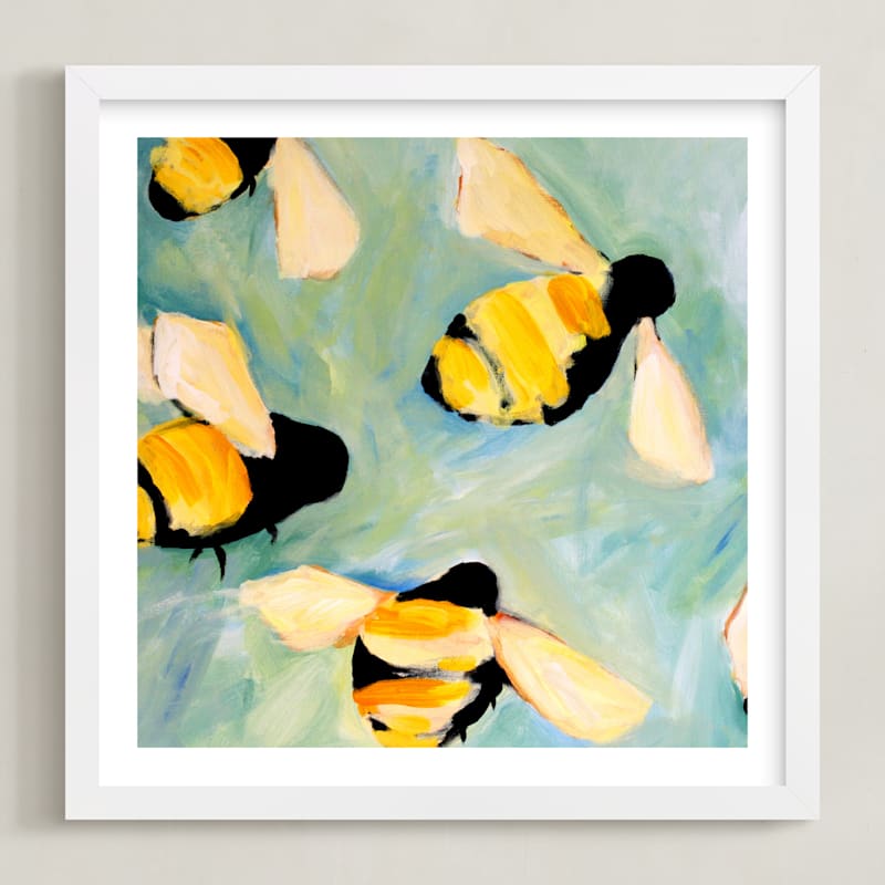 "Happy Bees" - Art Print in Morning Sky by claire whitehead - Framed