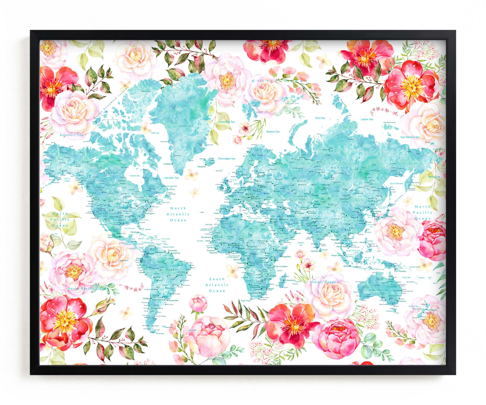 "Floral watercolor world map" - Art Print by Rosana Laiz Blursbyai in beautiful frame options and a variety of sizes.