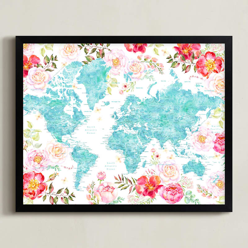 "Floral watercolor world map" - Art Print by Rosana Laiz Blursbyai in beautiful frame options and a variety of sizes.