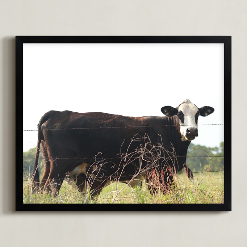 "Texas Cow" - Art Print in Blue by Jennifer Matlock - Framed